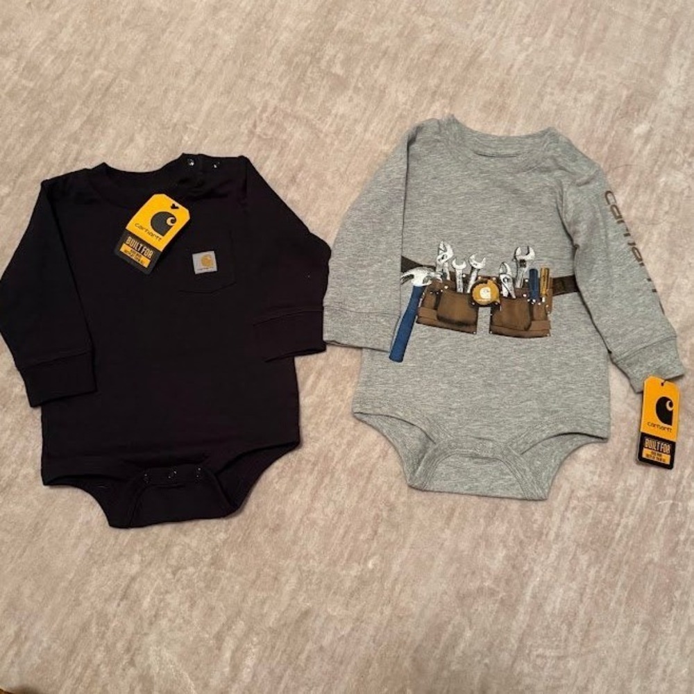 Carhartt Baby Boys 2 Pack Long Sleeve Bodysuit Set Black Gray 6 Months NEW